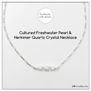Cultured Freshwater Pearl & Herkimer Quartz Crystal Sterling Silver Necklace